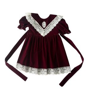 Jo Lene Vintage Girls Burgundy Velvet Christmas Dress Lace Trim Size 6 USA Made